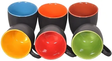 Srs Enterprises Pack Of 6 Ceramic Matte Black And Multicolor Inside Tea Cups Set Of 6 - Best For Self Use; And Diwali, Dhanteras And Festive Gifts (Multicolor, Cup Set)-thumb1