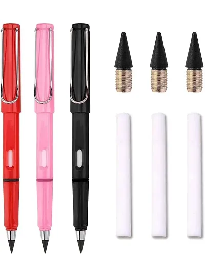 Victor Vally 3Pcs Everlasting Inkless Pencils Portable Reusable and Erasable Metal Writing Pens Replaceable Graphite Nib Triangle Golf Stationary Set (Multicolour)