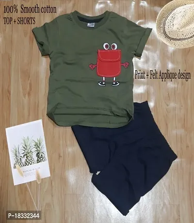 Olive Self Pattern Tops With Shorts-thumb0