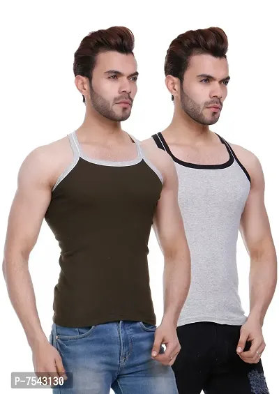 Men's Pipin Gymvest Combo of two/Olive green Milange Grey-thumb3