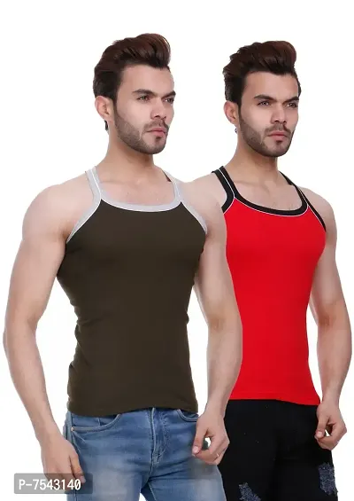 HAP Men's Pipin Gymvest Combo of Two/Red Olive Green-thumb3