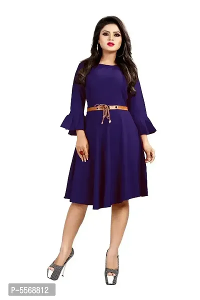 Alluring Navy Blue American Crepe Solid Dress with Free Belt For Women-thumb0