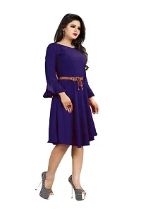 Alluring Navy Blue American Crepe Solid Dress with Free Belt For Women-thumb1