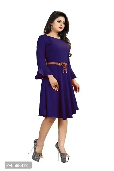 Alluring Navy Blue American Crepe Solid Dress with Free Belt For Women-thumb2