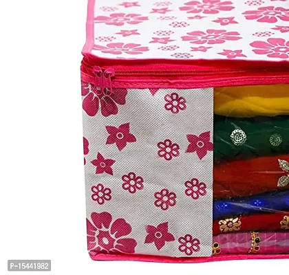 Acnos Metalic Pink Chain Flower Design 6 Piece Non Woven Large Size Saree Cover Set Pack Of 6 Pink and White-thumb4