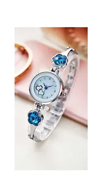 Acnos Flower Stone Blue Diamond Silver Bengle with Silver Bracelet Watch for Girls and Women Pack of - 2-thumb2