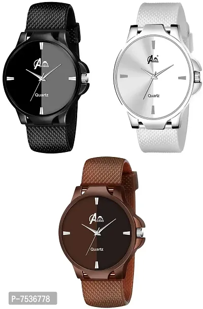 Acnos Brand - A Branded 3 Colors Black Brown and White Analog Super Quality Stylish Belt Watches for Mens/Stylish Watches for Boys Pack of 3
