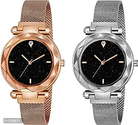 Acnos 4 Point Rose-Gold and Silver Color with Trending Magnetic Analogue Metal Strap Watches for Girl's and Women's Pack of - 2(P-180-220)