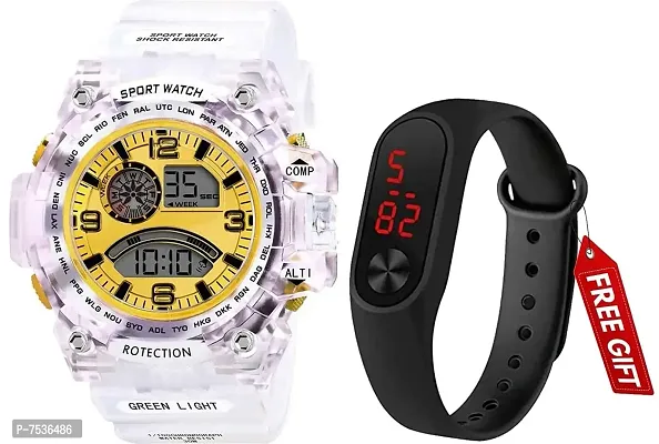 Acnos Brand - A Digital Watch with LED Shockproof Multi-Functional Automatic Yellow Dial White Strap Waterproof Digital Sports Watch for Men's Kids Watch for Boys - Watch for Men Pack of 2