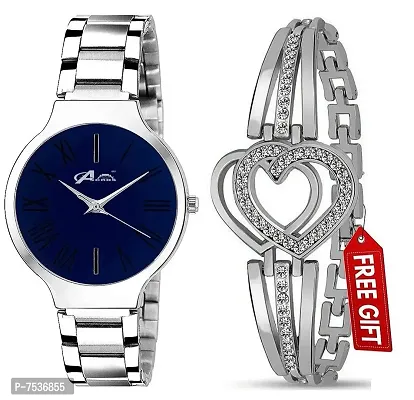 Acnos Women's Branded Analog Watch Dial Blue Stainless Steel Band Watch with Heart Diamond Bracelet, Silver, Pack of 2