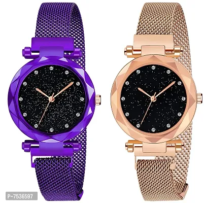 Acnos Purple and Rosegold Color 12 Point with Trending Magnetic Analogue Metal Strap Watches for Girl's and Women's Pack of - 2(DM-180-190)