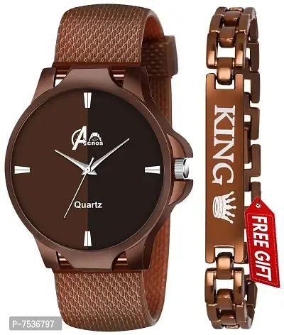 ACNOS Brand Design Stylish Brown DIAL PU Strap Black King Bracelet Combo Set for Men Analog Watch for Boys Men Watches Pack of 2