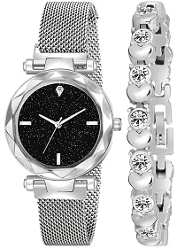 Acnos Brand - A Watch Analogue Plain Black Dial Silver Magnet Watch with Gift Bracelet for Women or Girls and Watch for Girl or Women (Combo of 3)-thumb2