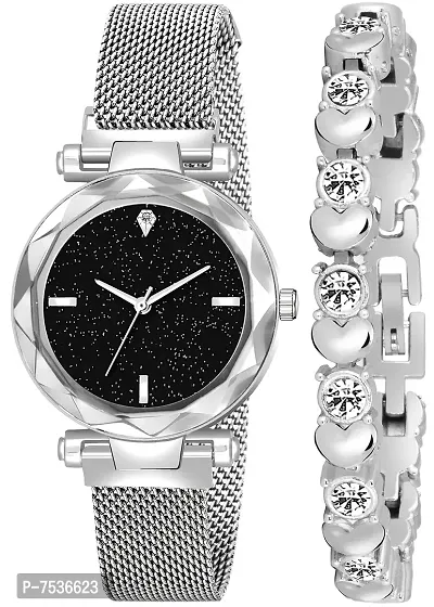 Acnos Brand - A Watch Analogue Plain Black Dial Silver Magnet Watch with Gift Bracelet for Women or Girls and Watch for Girl or Women (Combo of 3)-thumb3