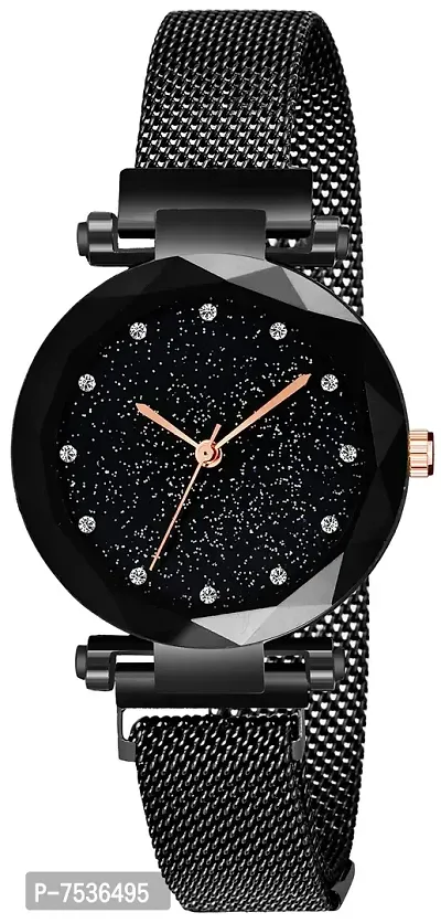 Acnos Black Color 12 Point Diamond with Trending Magnetic Analogue Metal Strap Watch for Girl's and Women's Pack of - 1(DM-200)