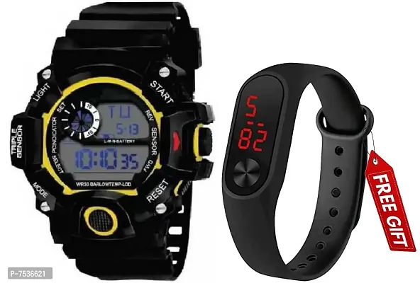 Acnos Brand - A Digital Watch with LED Shockproof Multi-Functional Automatic Yellow Boader Black Waterproof Digital Sports Watch for Men's Kids Watch for Boys - Watch for Men Pack of 2-thumb0