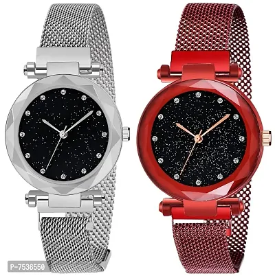 Acnos Red and Silver Color 12 Point with Trending Magnetic Analogue Metal Strap Watches for Girl's and Women's Pack of - 2(DM-210-220)