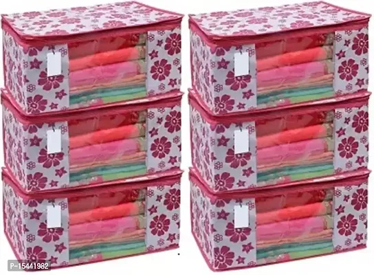 Acnos Metalic Pink Chain Flower Design 6 Piece Non Woven Large Size Saree Cover Set Pack Of 6 Pink and White