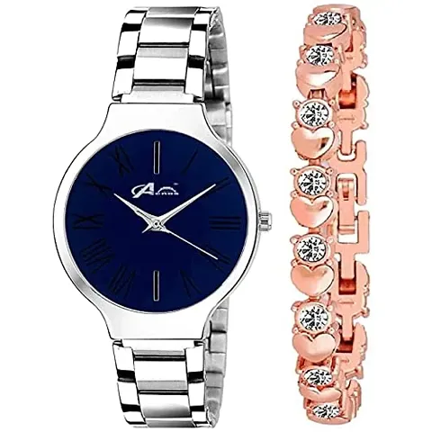 Acnos Brand - A Branded Watch 4 Different Dial Black-Blue-Pink-White Stainless Steel Silver Band with Rosegold braclet and Watch for Women Watch for Girls