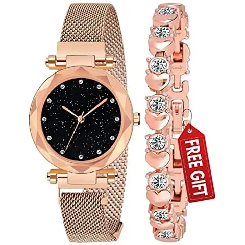 Acnos Branded 6 Different Colors Magnet Watch with Gift Rose-Gold Bracelet and Gift Box for Women or Girls and Watch for Girl or Women Pack of 2 Gift for Valentine's Day Special