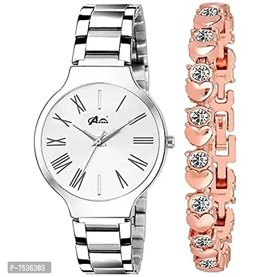Acnos Brand - A Branded Watch 4 Different Dial White Stainless Steel Silver Band With Rosegold Analogueue Women's Bracelet And Watch
