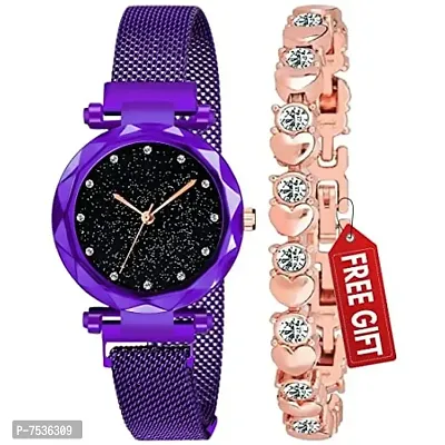 Acnos Combo Analogue Purple Magnet Watch Metal Band Ladies Watch Girls and Women, Pack of 2 Watch Chain Diamond Bracelet Gift Valentine's Day Special