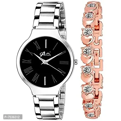 Acnos Brand - A Branded Watch 4 Different Dial Black Stainless Steel Silver Band with Rosegold Bracelet and Women's Analog Watch