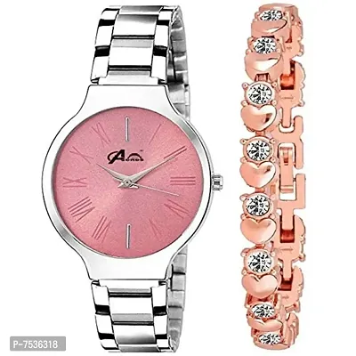 Acnos Analogue Women's 4 Different Pink Dial Stainless Steel Silver Band Watch And Bracelet