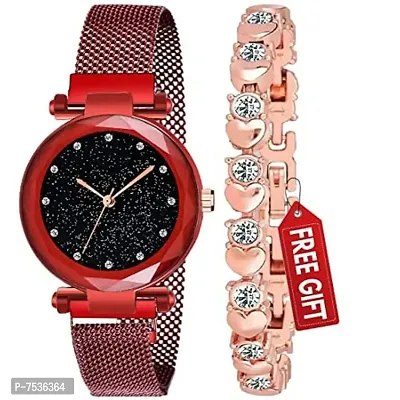 Acnos Combo Analogue Red Magnet Watch Metal Band Ladies Watch and Girls and Women, Pack of 2 Watch and Chain Diamond Bracelet Gift Valentine's Day Special