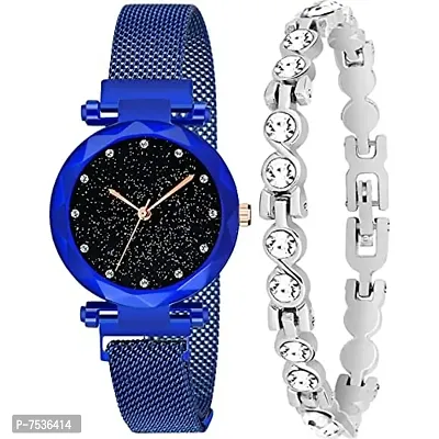 Acnos Brand - A Brand Watches with Bracelet for The Special Day and Wishes Blue Colors Round Diamond Dial Magnet Watches with Bracelet !-thumb0