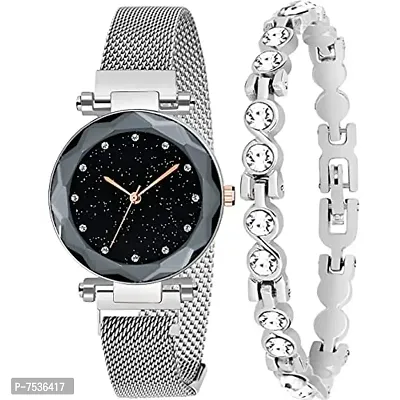 Acnos Brand - A Brand Watches with Bracelet for The Special Day and Wishes Silver Colors Round Diamond Dial Magnet Watches with Bracelet !-thumb0