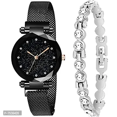 Acnos Brand - A Brand Watches With Bracelet Fre For The Special Day And Wishes Black Colors Round Diamond Dial Magnet Analogueue Women's Watches With Bracelet Free