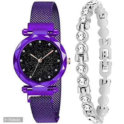 Acnos Brand - A Brand Watches with Bracelet for The Special Day and Wishes Purple Colors Round Diamond Dial Magnet Watches with Bracelet !-thumb0