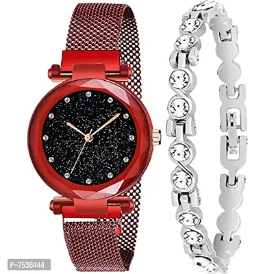 Acnos Brand - A Brand Watches with Bracelet for The Special Day and Wishes Red Colors Round Diamond Dial Magnet Watches with Bracelet !-thumb0