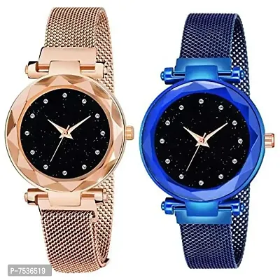 Acnos Blue and Rose-Gold Color 12 Point with Trending Magnetic Analogue Metal Strap Watches for Girl's and Women's Pack of - 2(DM-170-180)