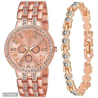Acnos Branded Rose Gold Diamond Watch with Diamond Rose Gold Bracelet for Girls Watch for Women Pack of 2