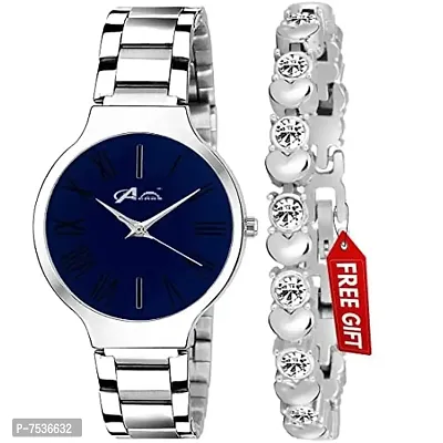 Acnos Brand - A Branded Watch 4 Dial Blue Stainless Steel Silver Band Wathces with Heart Diamond Silver braclet and Watch for Women Watch for Girls