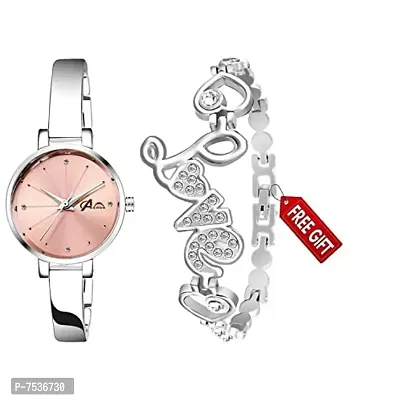 Acnos Brand - Analogue Women's Watch Pink Dial Silver Colored Strap with Love Silver bracelete for Girl's or Women Pack of 2 Girl