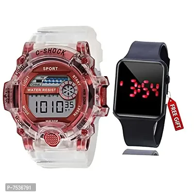 Acnos Brand - A Digital Alram Time Day Second Shockproof Multi-Functional Automatic White Red Waterproof Digital Sports Watch for Men's Kids Watch for Boys Watch for Men Pack of 2