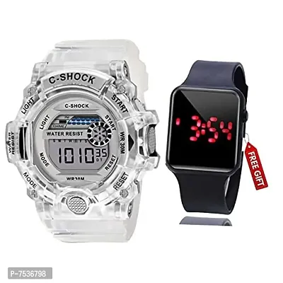 Acnos Brand - A Digital Alram Time Day Second Shockproof Multi-Functional Automatic White Silver Waterproof Digital Sports Watch for Men's Kids Watch for Boys Watch for Men Pack of 2