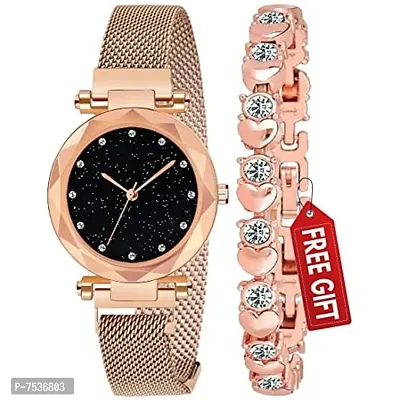 Acnos Rose-Gold Magnet Strap Analogue Women's and Girls Watch Sweet Heart Rose-Gold Bracelet Combo for Girl's  Women's Watch (Set of 2)