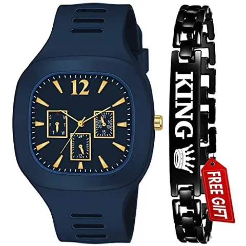 Acnos Brand - Square Multi DIAL Analog Silicon Strap ADDI Stylish Designer Analog Watch for Boys with bracelete Pack of 2
