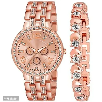 Acnos Branded Rose Gold Diamond Watch with Small Shape Heart Rose Gold Bracelet for Girls Watch for Women Pack of 2