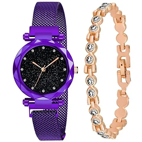 Acnos Brand - A 6 Different Colors Magnet Analog Watches with Rose-Gold Bracelet for Girls or Watches for Women Pack of - 2