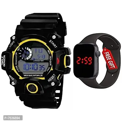 Acnos Brand - A Digital Watch with Square LED Shockproof Multi-Functional Automatic Yellow Boader Black Waterproof Digital Sports Watch for Men's Kids Watch for Boys - Watch for Men Pack of 2