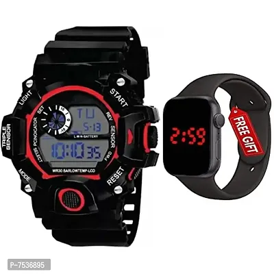 Acnos Brand - A Digital Watch with Square LED Shockproof Multi-Functional Automatic Red Boader Black Waterproof Digital Sports Watch for Men's Kids Watch for Boys - Watch for Men Pack of 2