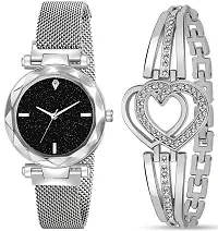 Acnos Brand - A Watch Analogue Plain Black Dial Silver Magnet Watch with Gift Bracelet for Women or Girls and Watch for Girl or Women (Combo of 3)-thumb1