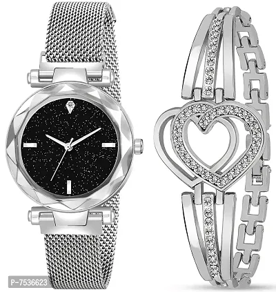 Acnos Brand - A Watch Analogue Plain Black Dial Silver Magnet Watch with Gift Bracelet for Women or Girls and Watch for Girl or Women (Combo of 3)-thumb2