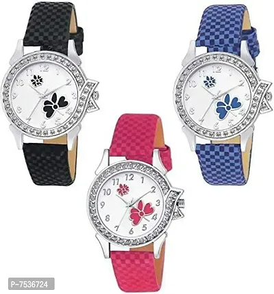 Acnos White Dial Analogue Watch for Women Pack of - 3 (315-BLACK-BLUE-PINK)