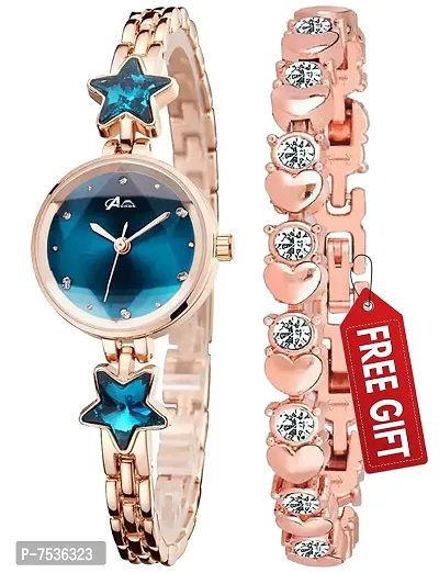Acnos Star Stone Dark Blue Diamond Rosegold Bengle with Rosegold Bracelet ! for Girls and Women Pack of - 2